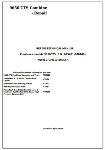 Pdf TM2021 John Deere 9650 CTS Combine (SN. 695401-700400) Repair Service Manual