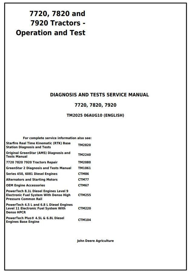 PDF TM2025 John Deere 7720 7820 7920 Tractor Diagnostic and Test Service Manual