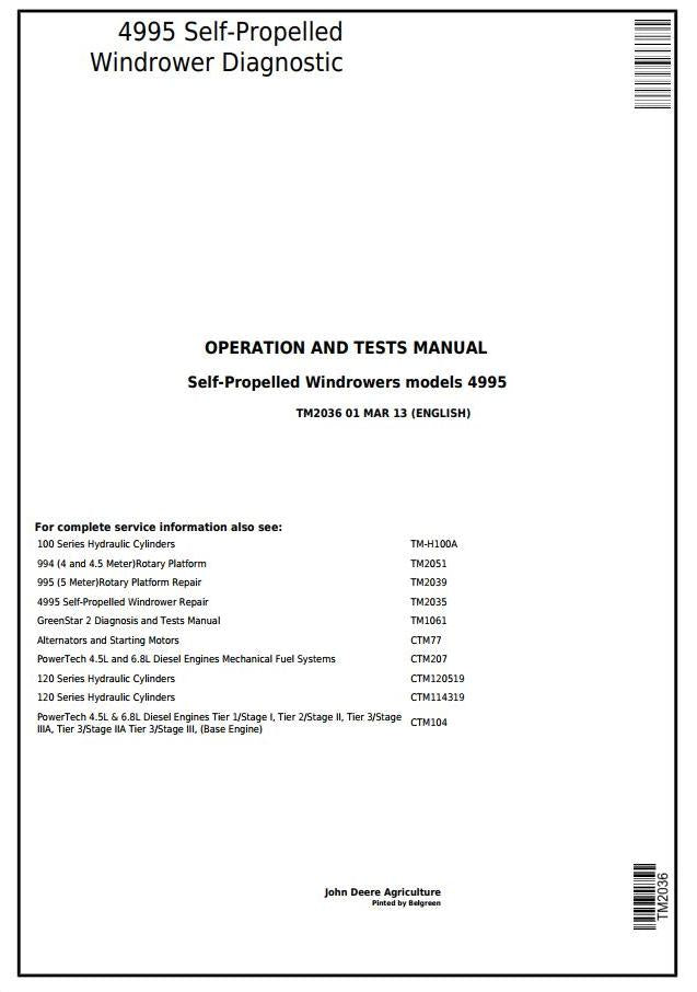 PDF TM2036 John Deere 4995 Self-Propelled Windrower Hay and Forage Diagnostic & Test Service Manual