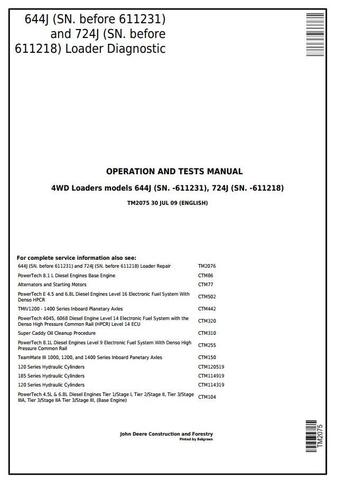 Pdf TM2075 John Deere 644J (SN.-611231), 724J (SN.-611218) 4WD Wheel Loader Diagnostic & Test Service Manual