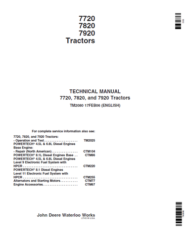Pdf TM2080 John Deere 7720 7820 7920 Tractor Repair Service Manual