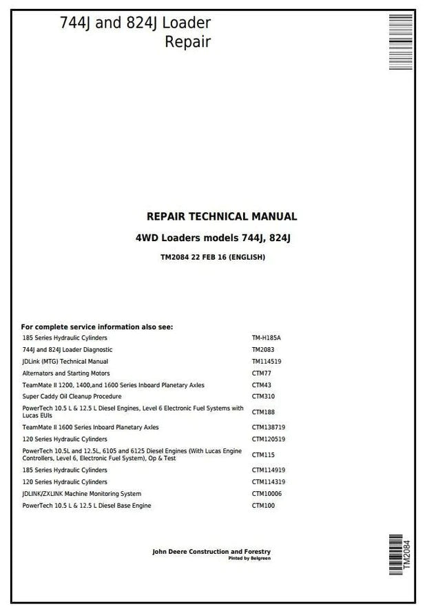 Pdf TM2084 John Deere 4WD 744J, 824J Wheel Loader Repair Service Manual