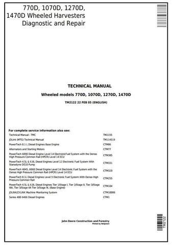 PDF TM2122 John Deere 770D, 1070D, 1270D, 1470D Timberjack Harvester Repair Service Manual