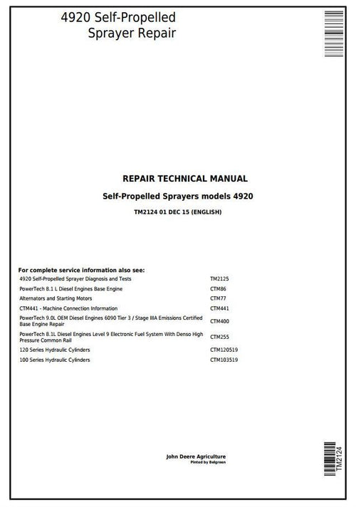 Pdf TM2124 JOHN DEERE 4920 SELF-PROPELLED SPRAYERS REPAIR SERVICE MANUAL