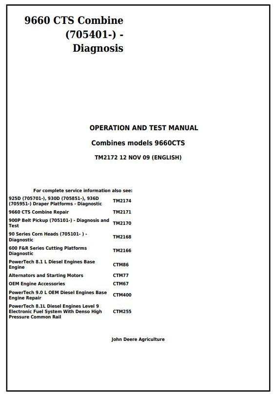 PDF TM2172 John Deere 9660 CTS Combine Diagnostic and Test Service Manual