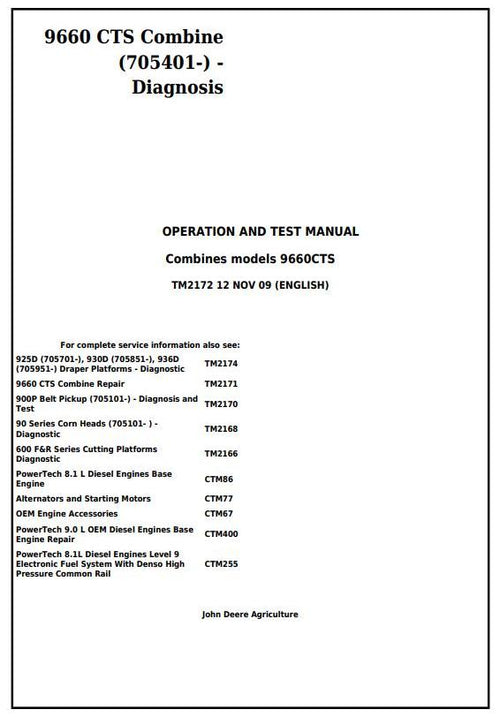 PDF TM2172 John Deere 9660 CTS Combine Diagnostic and Test Service Manual