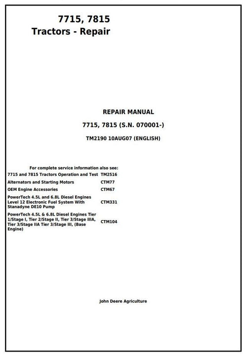 Pdf TM2190 John Deere 7715 7815 Tractor Repair Service Manual