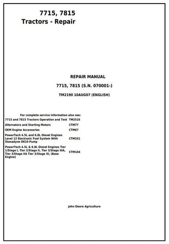 Pdf TM2190 John Deere 7715 7815 Tractor Repair Service Manual