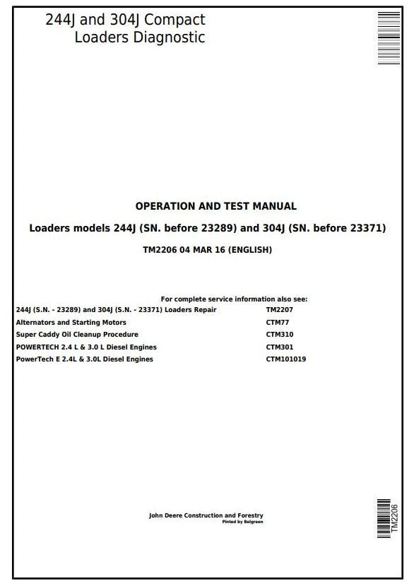 Pdf TM2206 John Deere 244J (SN:-23289) 304J (SN:-23371) Compact Loader Diagnostic & Test Service Manual