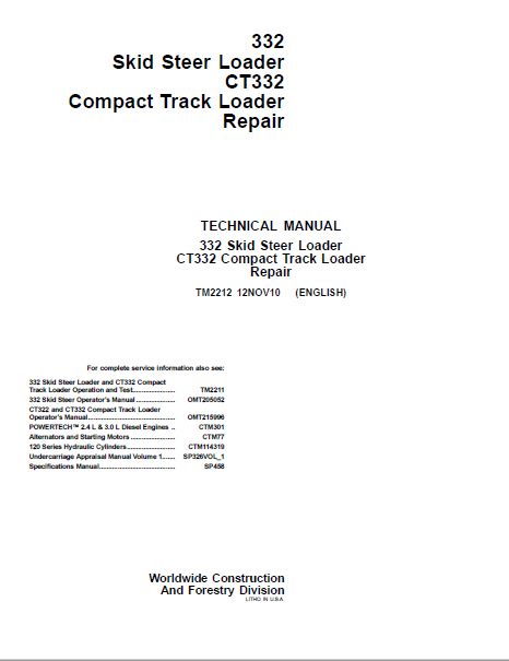 Pdf TM2212 John Deere 332 Skid Steer Loader, CT332 Compact Track Loader Repair Service Manual