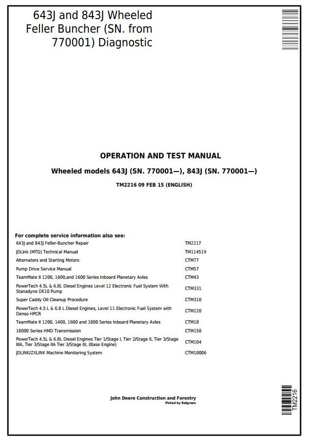 Pdf TM2216 John Deere 643J, 843J Wheeled Feller Buncher Diagnostic and Test Service Manual