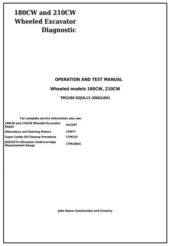 Pdf TM2286 John Deere 180CW, 210CW Wheeled Excavator Diagnostic and Test Manual