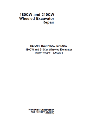 Pdf TM2287 John Deere 180CW, 210CW Wheeled Excavator Repair Service Manual