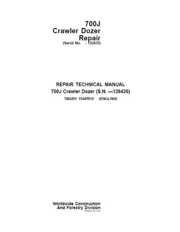 Pdf TM2291 John Deere 700J Crawler Dozer (S.N. before 139435) Repair Service Manual