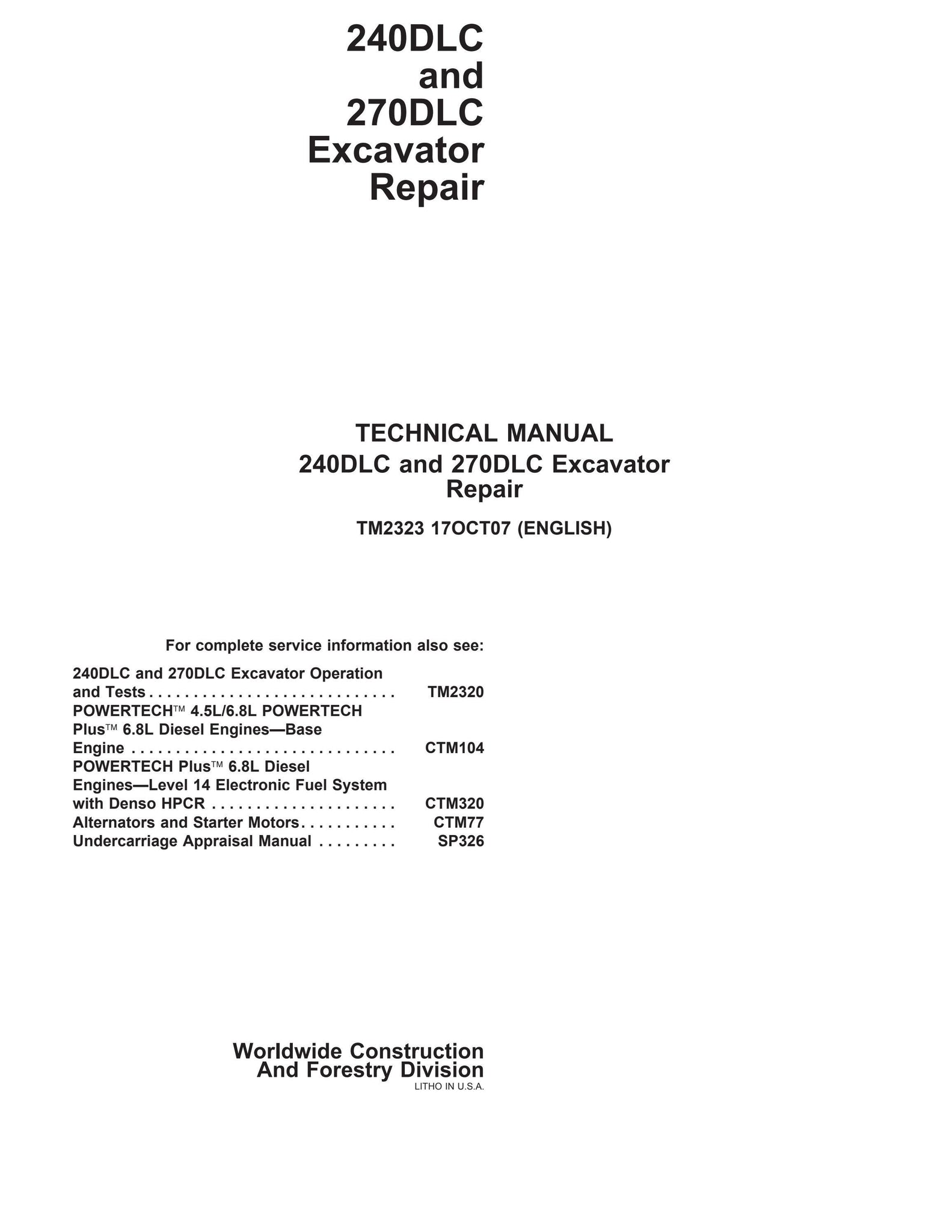 Pdf TM2323 John Deere 240DLC, 270DLC Excavator Repair Service Manual