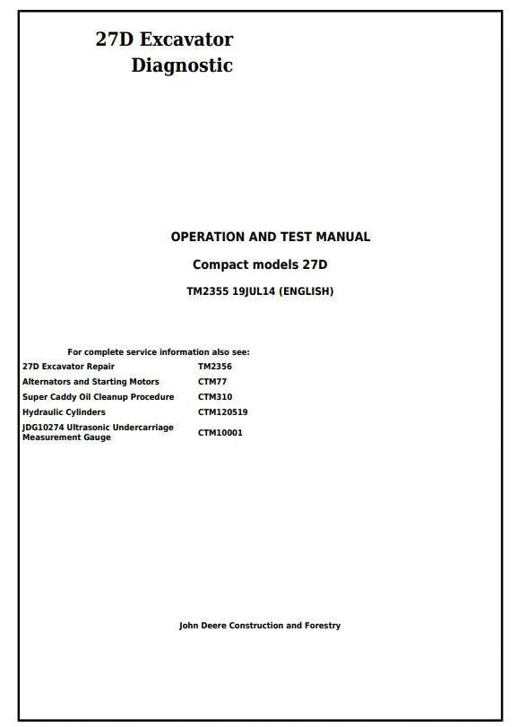 Pdf TM2355 John Deere 27D Compact Excavator Operation and Test Service Manual