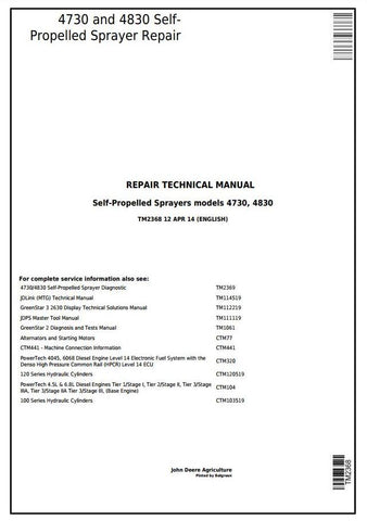 Pdf TM2368 John Deere 4730 4830 Self-Propelled Sprayer Repair Service Manual