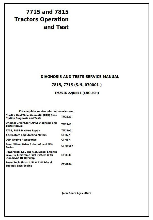 Pdf TM2516 John Deere 7715 7815 Tractor Diagnostic and Test Service Manual