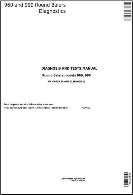 Pdf TM300519 John Deere 960, 990 Hay and Forage Round Baler Diagnostic and Test Service Manual