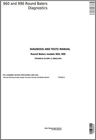 Pdf TM300519 John Deere 960, 990 Hay and Forage Round Baler Diagnostic and Test Service Manual