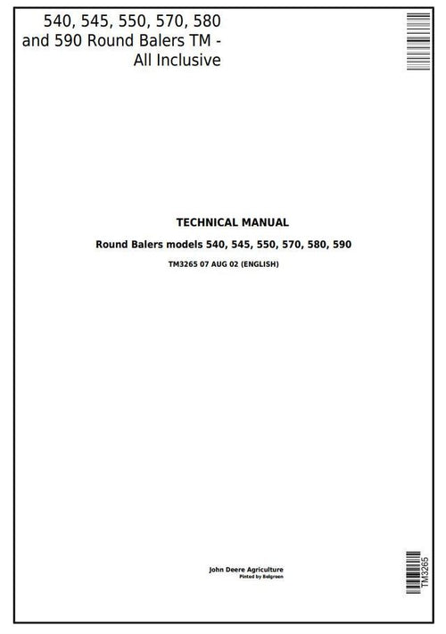 Pdf TM3265 John Deere 540, 545, 550, 570, 580, 590 Hay & Forage Round Baler Repair Service Manual