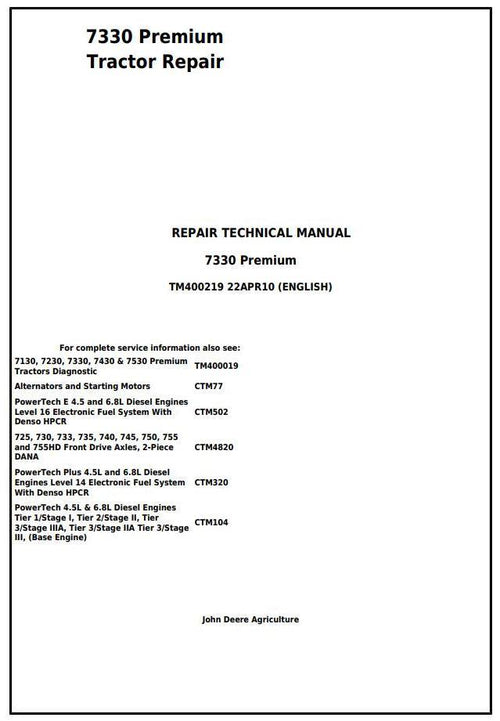 Pdf TM400219 John Deere 7330 Premium 2WD or MFWD USA Tractor Repair Service Manual