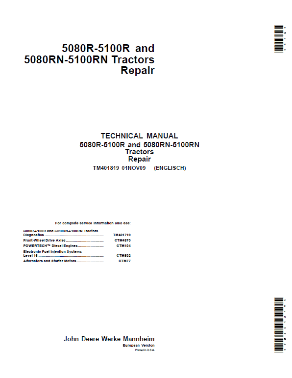 Pdf TM401819 John Deere 5080R, 5090R, 5100R, 5080RN, 5090RN, 5100RN Tractor (European) Repair Service Manual