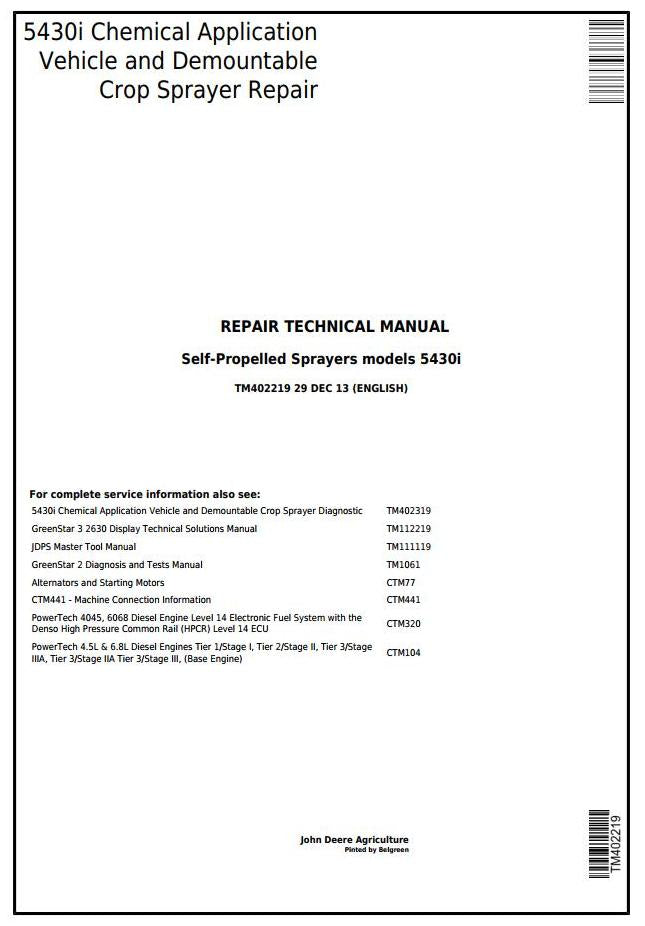 Pdf TM402219 John Deere 5430i Demountable Self-Propelled Crop Sprayer Repair Service Manual