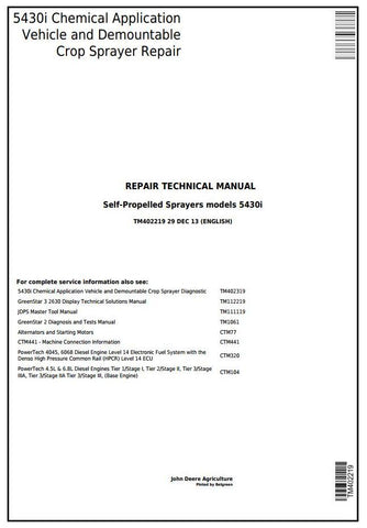 Pdf TM402219 John Deere 5430i Demountable Self-Propelled Crop Sprayer Repair Service Manual