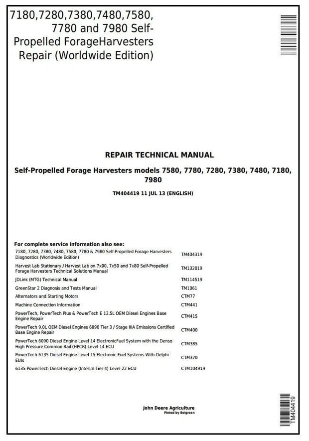 PDF TM404419 John Deere 7180, 7280, 7380, 7480, 7580, 7780, 7980 Forage Harvester Repair Service Manual