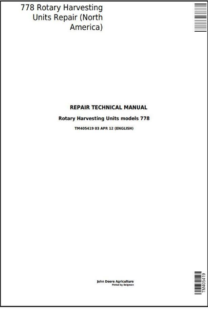 Pdf TM405419 John Deere 778 Rotary Hay and Forage Harvesting Units Repair Service Manual