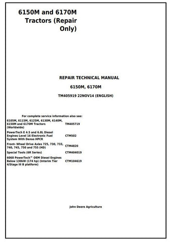 Pdf TM405919 John Deere 6150M 6170M 2WD or MFWD Tractor Repair Service Manual