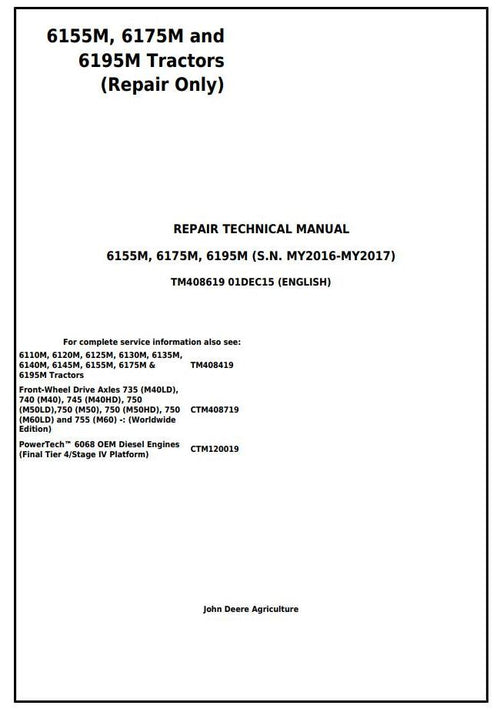 Pdf TM408619 John Deere 6145M 6155M 6175M 6195M Tier 2 Tractor Repair Service Manual