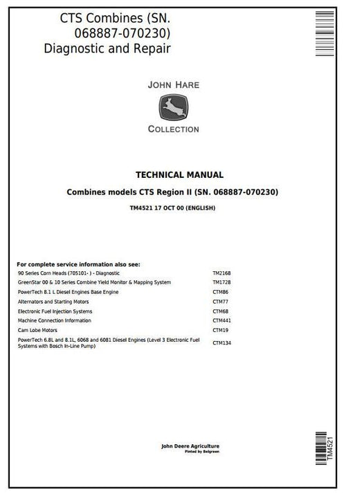 Pdf TM4521 John Deere CTS Combine (SN. 068887-070230) Diagnostic and Test Service Manual