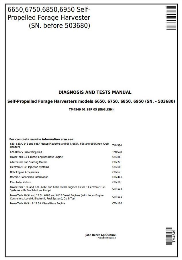 PDF TM4549 John Deere 6650, 6750, 6850, 6950 Self-Propelled Forage Harvester Diagnostic and Test Service Manual