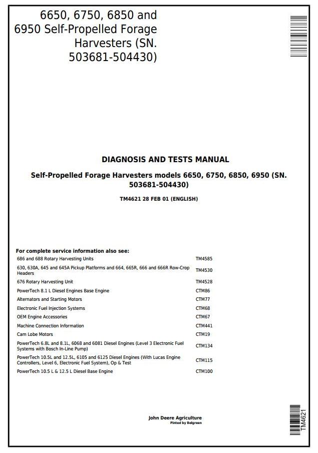 PDF TM4621 John Deere 6650, 6750, 6850, 6950 Forage Harvester Diagnostic and Test Service Manual