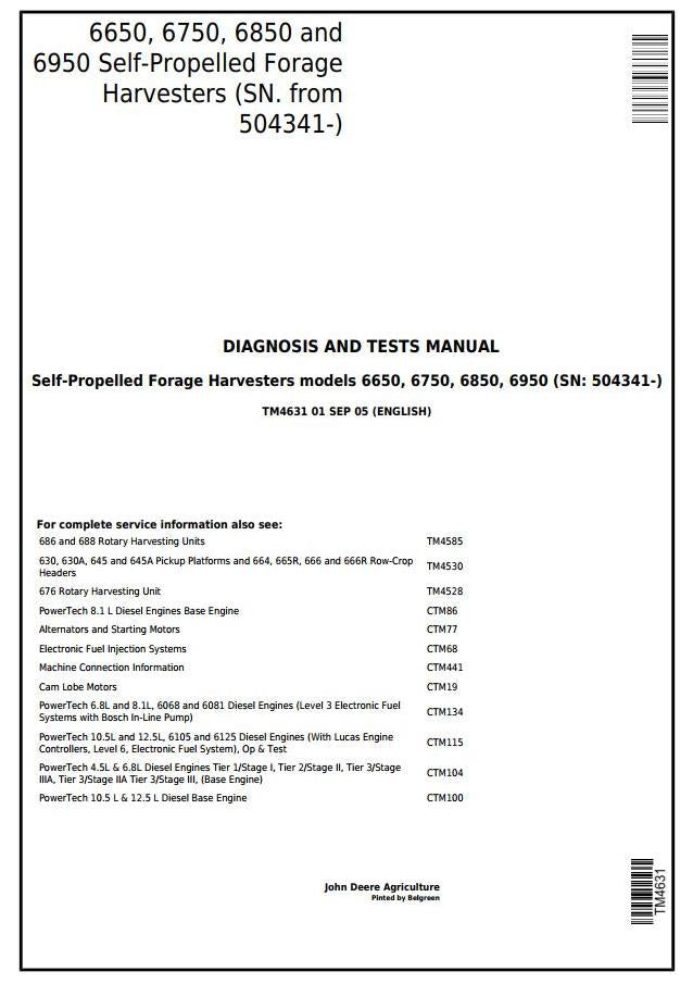 PDF TM4631 John Deere 6650, 6750, 6850, 6950 Self-Propelled Forage Harvester Diagnostic and Test Service Manual