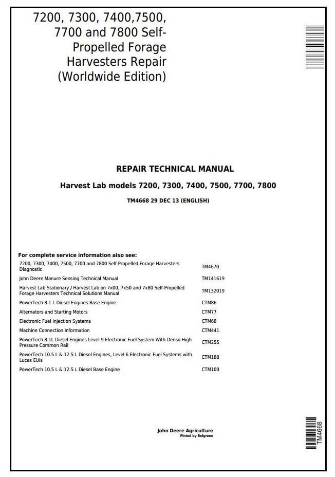 PDF TM4668 John Deere 7200, 7300, 7400, 7500, 7700, 7800 Self-Propelled Forage Harvester Repair Service Manual