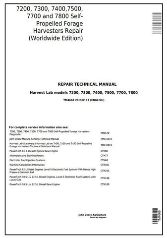 PDF TM4668 John Deere 7200, 7300, 7400, 7500, 7700, 7800 Self-Propelled Forage Harvester Repair Service Manual