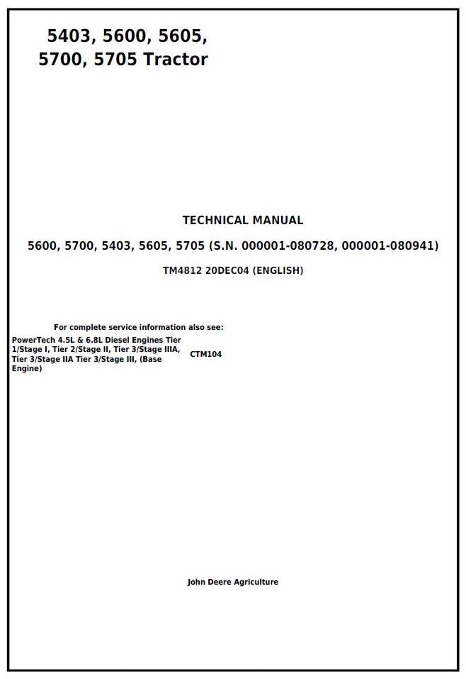 Pdf TM4812 John Deere 5403, 5600, 5605, 5700, 5705 Brazil Tractor Repair Service Manual