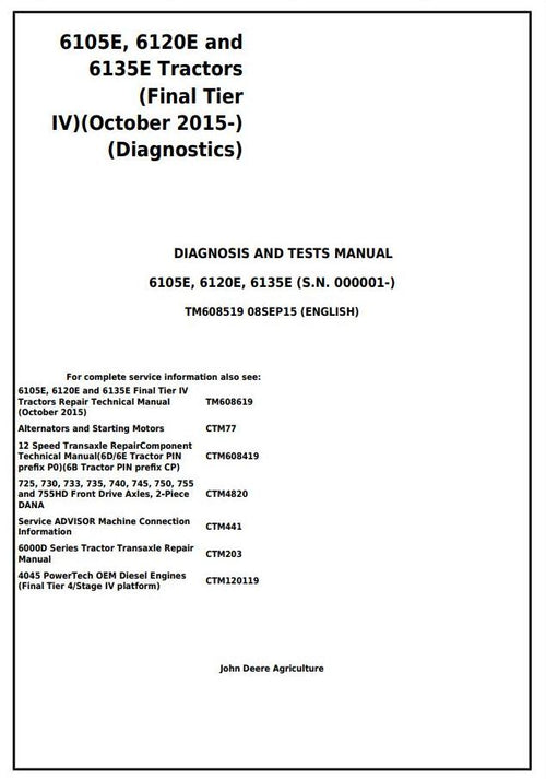 Pdf TM608519 John Deere 6105E 6120E 6135E Final Tier IV Tractor Diagnosis & Test Service Manual