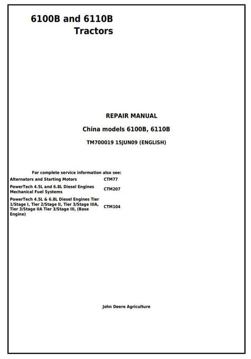 Pdf TM700019 John Deere 6100B 6110B 2WD or MFWD Tractor Repair Service Manual