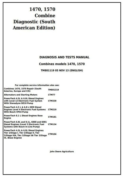 Pdf TM801119 John Deere 1470, 1570 Combine (SA Edition) Diagnosis, and Test Service Manual