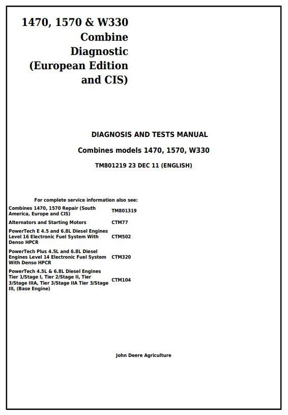 Pdf TM801219 John Deere 1470, 1570, W330 Combine (EU Edition & CIS) Diagnosis and Test Service Manual