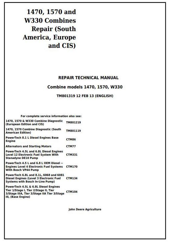 Pdf TM801319 John Deere 1470, 1570, W330 Combine (South America, Europe, CIS) Repair Service Manual