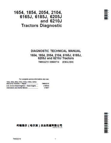 Pdf TM802219 John Deere 1654 1854 2054 2104 6165J 6185J 6205J 6210J China Tractor Diagnostic Manual