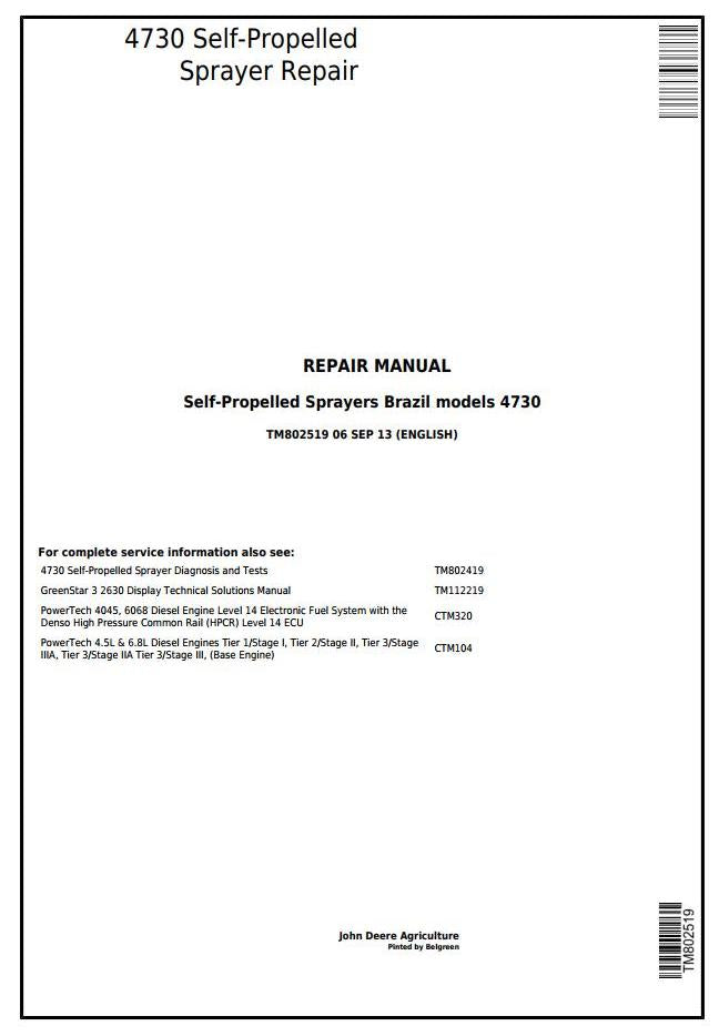 Pdf TM802519 John Deere 4730 Self-Propelled Sprayer Repair Service Manual