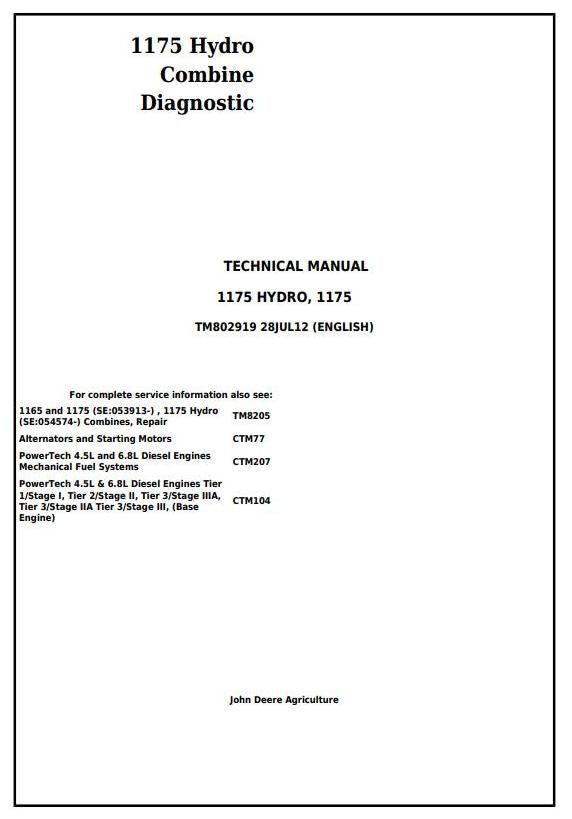 Pdf TM802919 John Deere 1175, 1175 Hydro Combine Diagnostic and Test Service Manual