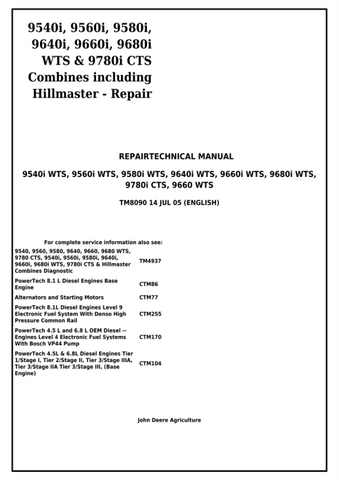 Pdf TM8090 John Deere 9660, 9540i, 9560i, 9580i, 9640i, 9660i, 9680i WTS, 9780i CTS Combine Repair Service Manual