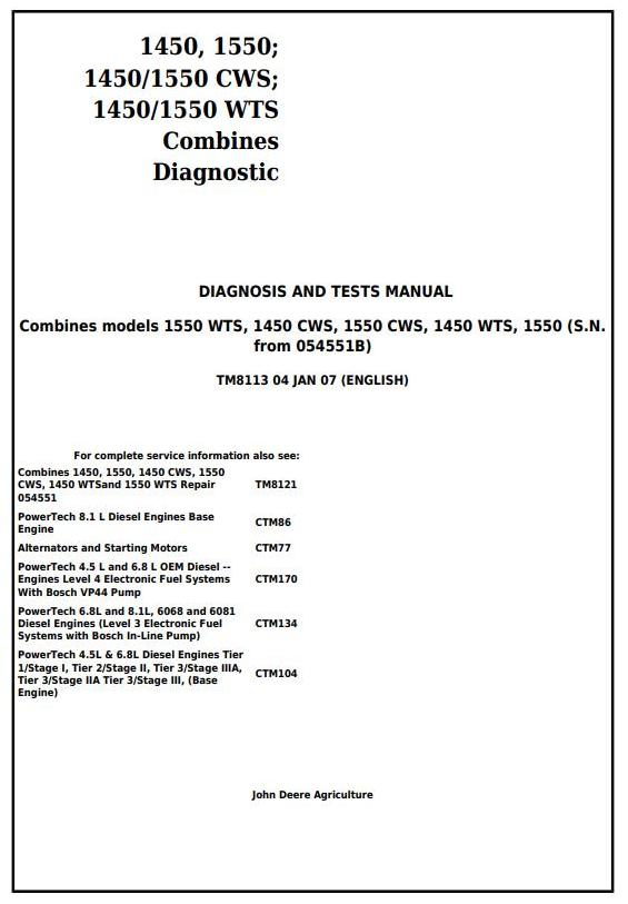 PDF TM8113 John Deere 1450, 1550 (CWS, WTS) Combine (054551B- ) Diagnostic and Test Service Manual